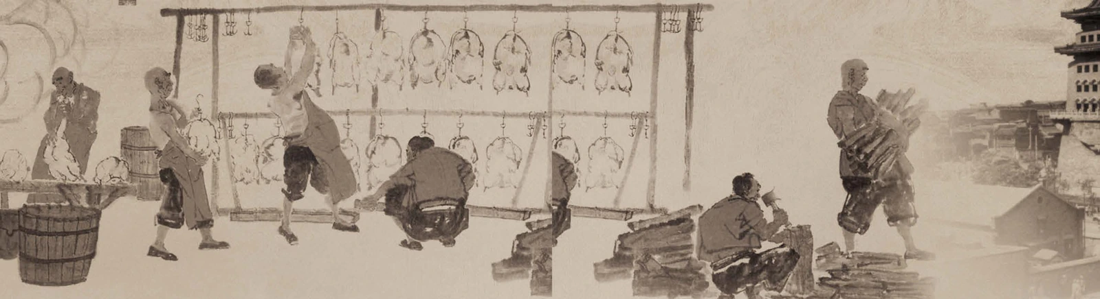 Peinture à l’encre : cuisiniers suspendant des canards et empilant du bois devant une ancienne rôtisserie de Pékin